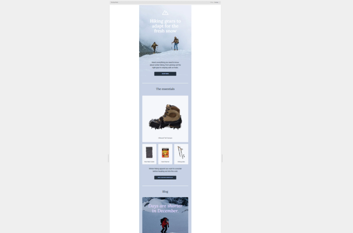 A promotional email template for a outdoor hiking gear brand, built with Tabular's easy to use email template builder